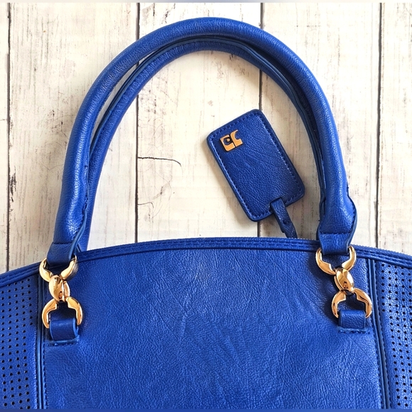 Joe's Large Blue Weekender Handbag Purse Vegan Leather Tote Bag Zip up Gold - Picture 7 of 16